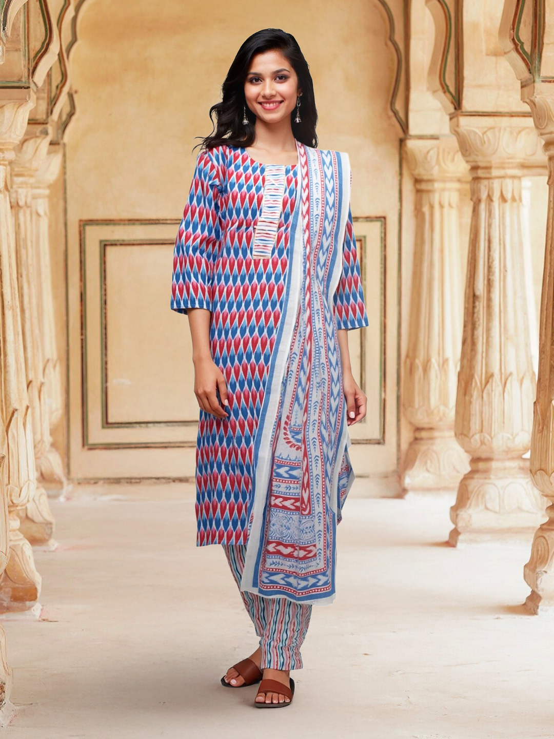 Picture of Elegant Blue & Red Ethnic Ensemble Kurta with Pant & Dupatta Set